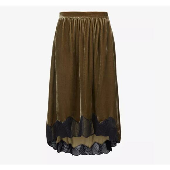 Zadig & Voltaire Joslin Velvet Midi Skirt Brown Green High Low Lace Trim Size 40 - Picture 1 of 15